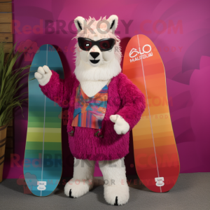 Magenta Alpaca mascot costume character dressed with a Board Shorts and Rings