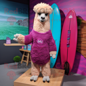 Magenta Alpaca mascot costume character dressed with a Board Shorts and Rings
