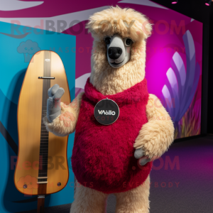 Magenta Alpaca mascot costume character dressed with a Board Shorts and Rings