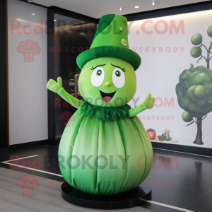 Green Cherry mascot costume character dressed with a Empire Waist Dress and Hats