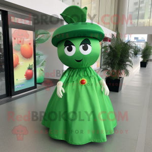 Green Cherry mascot costume character dressed with a Empire Waist Dress and Hats