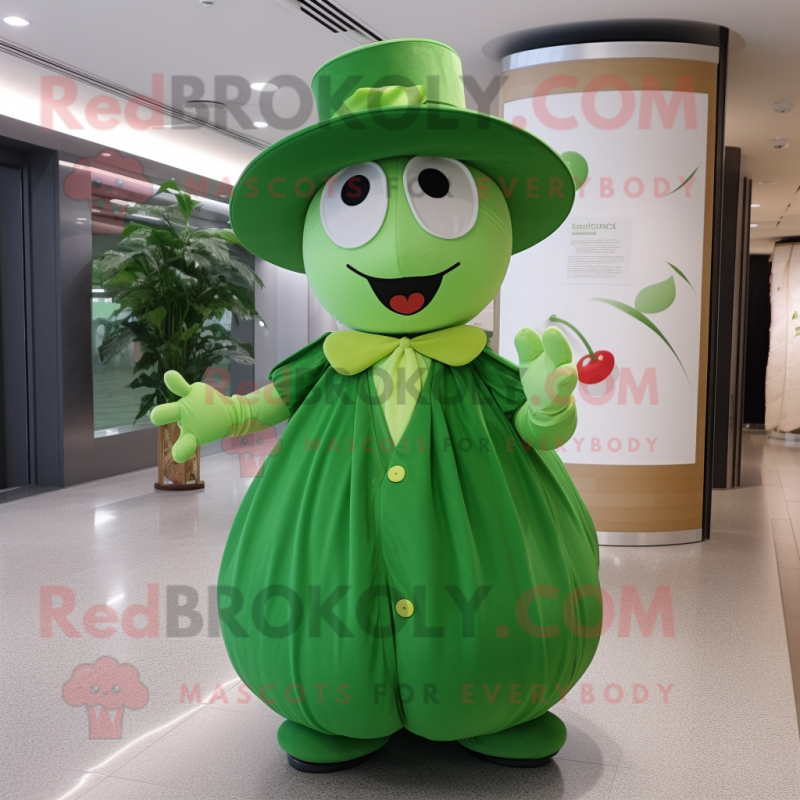 Green Cherry mascot costume character dressed with a Empire Waist Dress and Hats Green Cherry mascot costume character dressed with a Empire Waist Dress and Hats