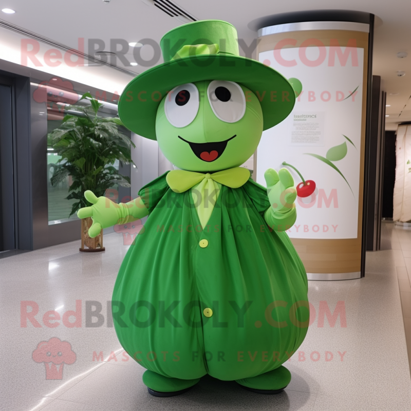 Green Cherry mascot costume character dressed with a Empire Waist Dress and Hats