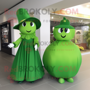 Green Cherry mascot costume character dressed with a Empire Waist Dress and Hats