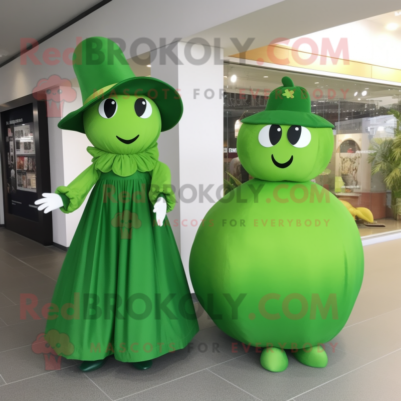 Green Cherry mascot costume character dressed with a Empire Waist Dress and Hats Green Cherry mascot costume character dressed with a Empire Waist Dress and Hats