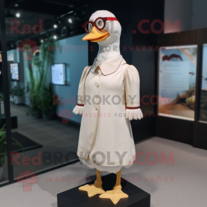 Beige Muscovy Duck mascot costume character dressed with a Midi Dress and Eyeglasses