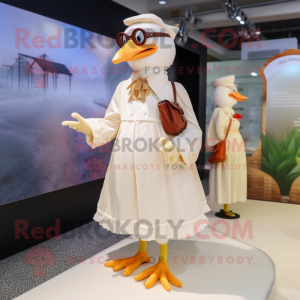 Beige Muscovy Duck mascot costume character dressed with a Midi Dress and Eyeglasses