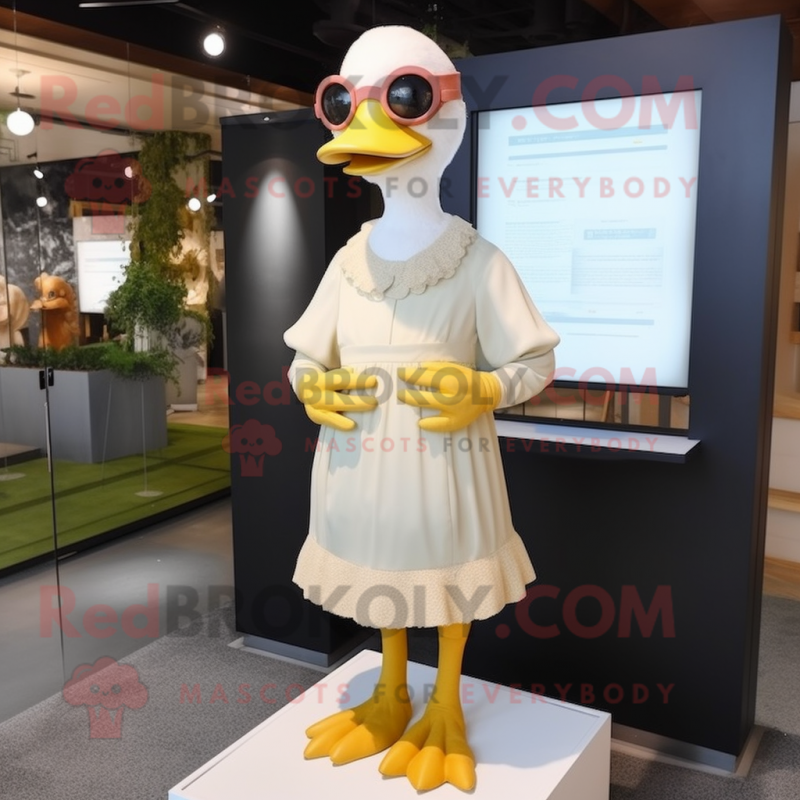 Beige Muscovy Duck mascot costume character dressed with a Midi Dress and Eyeglasses Beige Muscovy Duck mascot costume character dressed with a Midi Dress and Eyeglasses