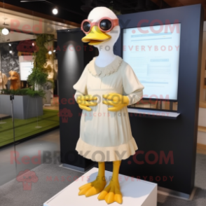 Beige Muscovy Duck mascot costume character dressed with a Midi Dress and Eyeglasses