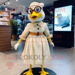 Beige Muscovy Duck mascot costume character dressed with a Midi Dress and Eyeglasses