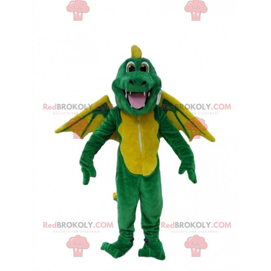 Mascota dragón verde y amarillo, disfraz de dinosaurio -