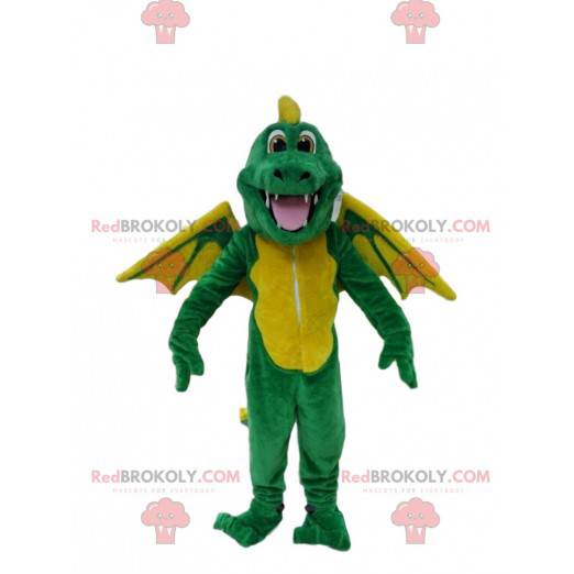 Grünes und gelbes Drachenmaskottchen, Dinosaurierkostüm -