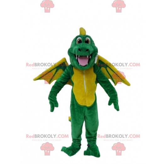 Mascota dragón verde y amarillo, disfraz de dinosaurio -