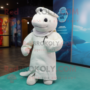 White Stellar'S Sea Cow mascot costume character dressed with a Wrap Dress and Berets