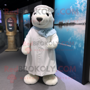 White Stellar'S Sea Cow mascot costume character dressed with a Wrap Dress and Berets