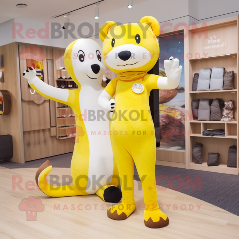 Yellow Ermine mascot costume character dressed with a Yoga Pants and Berets Yellow Ermine mascot costume character dressed with a Yoga Pants and Berets