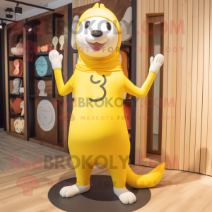 Yellow Ermine mascot costume character dressed with a Yoga Pants and Berets