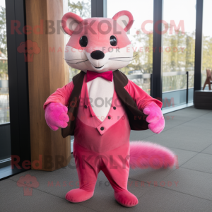 Pink Mongoose mascot costume character dressed with a Waistcoat and Bow ties