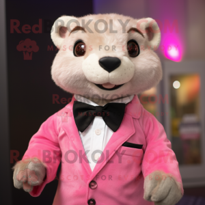 Pink Mongoose mascot costume character dressed with a Waistcoat and Bow ties