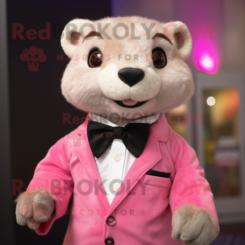 Pink Mongoose mascot costume character dressed with a Waistcoat and Bow ties