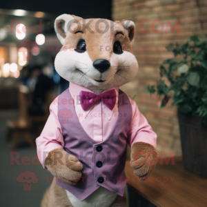 Pink Mongoose mascot costume character dressed with a Waistcoat and Bow ties