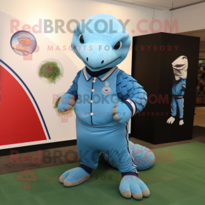 Sky Blue Pangolin mascot costume character dressed with a Jumpsuit and Ties