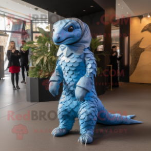 Sky Blue Pangolin mascot costume character dressed with a Jumpsuit and Ties