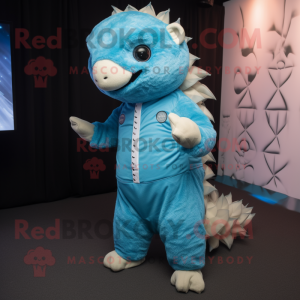 Sky Blue Pangolin mascot costume character dressed with a Jumpsuit and Ties