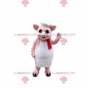 Mascote porco rosa com chapéu de chef, fantasia de chef -