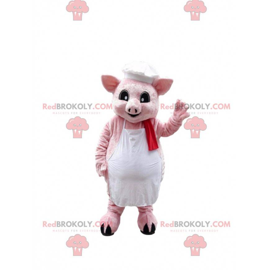 Różowa maskotka świnia z kapeluszem szefa kuchni, kostium szefa
