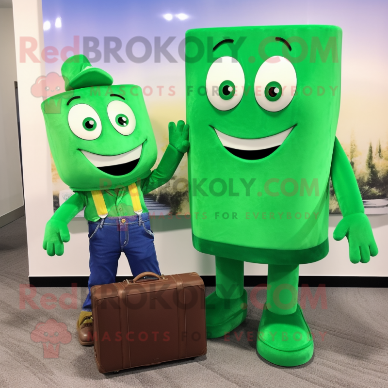 Green Candy Box mascot costume character dressed with a Mom Jeans and Briefcases Green Candy Box mascot costume character dressed with a Mom Jeans and Briefcases