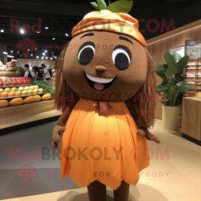 Brown Mango mascot costume character dressed with a Mini Skirt and Headbands