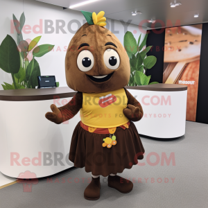 Brown Mango mascot costume character dressed with a Mini Skirt and Headbands