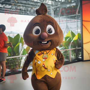 Brown Mango mascot costume character dressed with a Mini Skirt and Headbands