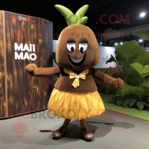 Brown Mango mascot costume character dressed with a Mini Skirt and Headbands