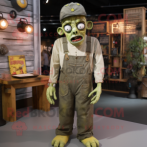 Olive Zombie mascot costume character dressed with a Dungarees and Berets