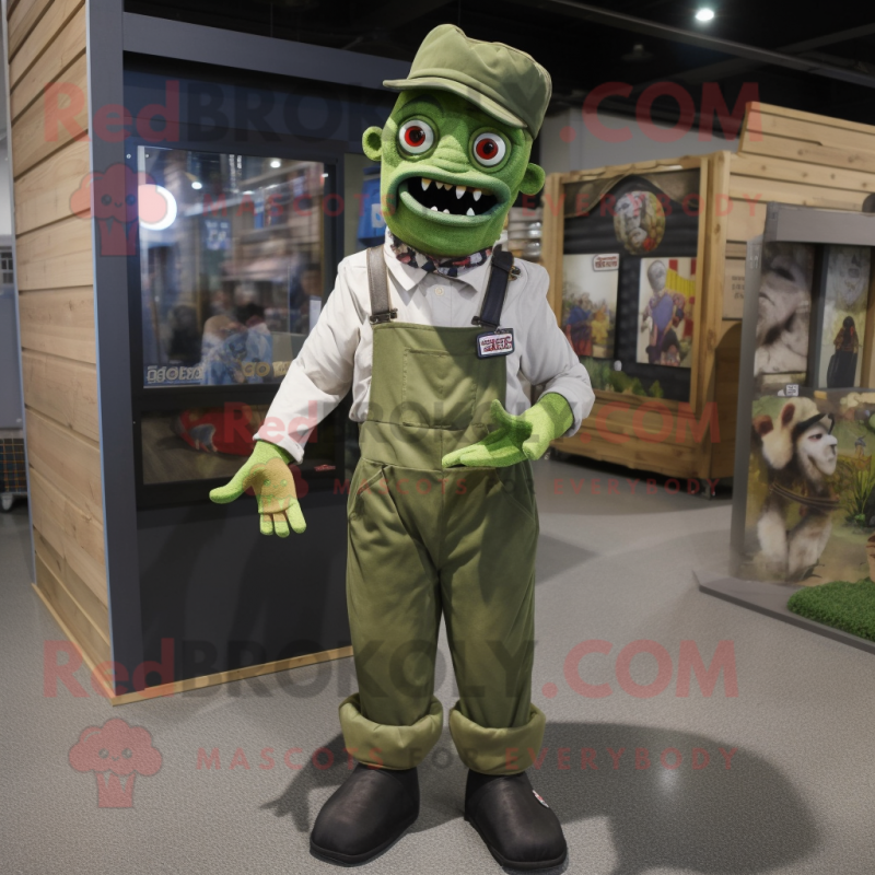 Olive Zombie mascot costume character dressed with a Dungarees and Berets