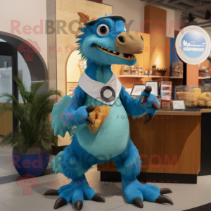 Cyan Utahraptor mascot costume character dressed with a Shorts and Coin purses