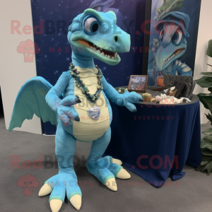 Cyan Utahraptor mascot costume character dressed with a Shorts and Coin purses