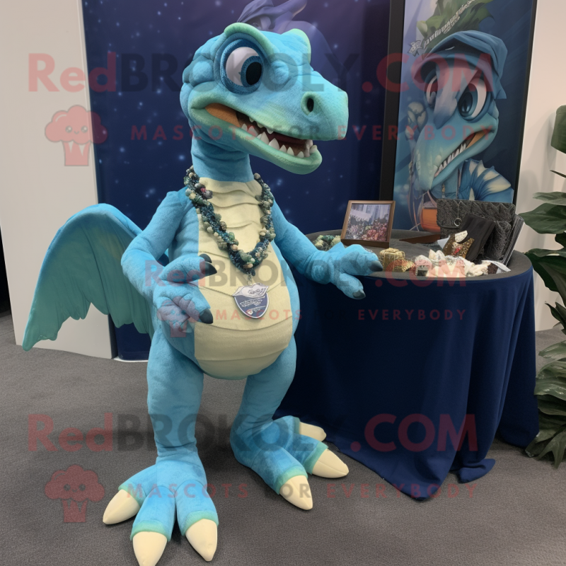 Cyan Utahraptor mascot costume character dressed with a Shorts and Coin purses Cyan Utahraptor mascot costume character dressed with a Shorts and Coin purses