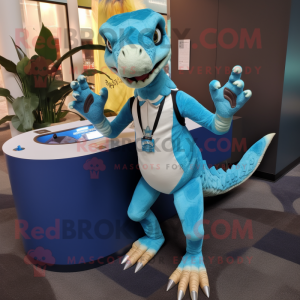 Cyan Utahraptor mascot costume character dressed with a Shorts and Coin purses