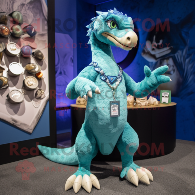 Cyan Utahraptor mascot costume character dressed with a Shorts and Coin purses Cyan Utahraptor mascot costume character dressed with a Shorts and Coin purses