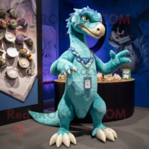 Cyan Utahraptor mascot costume character dressed with a Shorts and Coin purses