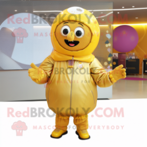 Gold Volleyball Ball mascot costume character dressed with a Parka and Rings