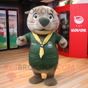 Olive Seal mascot costume character dressed with a Rugby Shirt and Necklaces