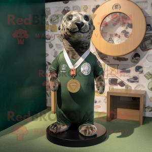 Olive Seal mascot costume character dressed with a Rugby Shirt and Necklaces