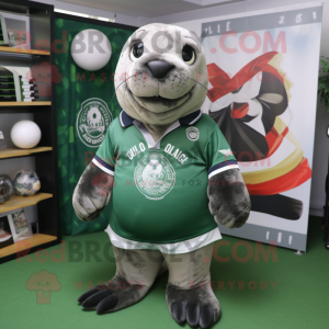 Olive Seal mascot costume character dressed with a Rugby Shirt and Necklaces