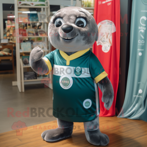 Olive Seal mascot costume character dressed with a Rugby Shirt and Necklaces