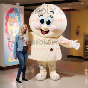 Cream Candy Box mascot costume character dressed with a Mom Jeans and Lapel pins