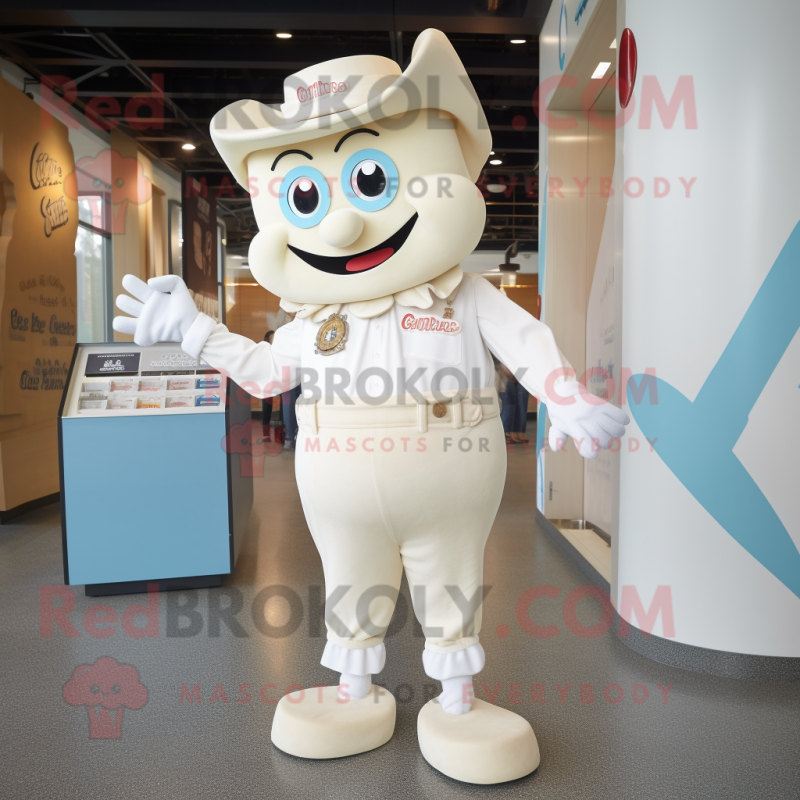 Cream Candy Box mascot costume character dressed with a Mom Jeans and Lapel pins Cream Candy Box mascot costume character dressed with a Mom Jeans and Lapel pins